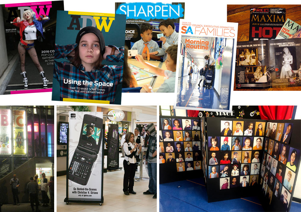 collage of covers, Maxim Hot 100 advertorial, theater posters, sign at mall, headshot board