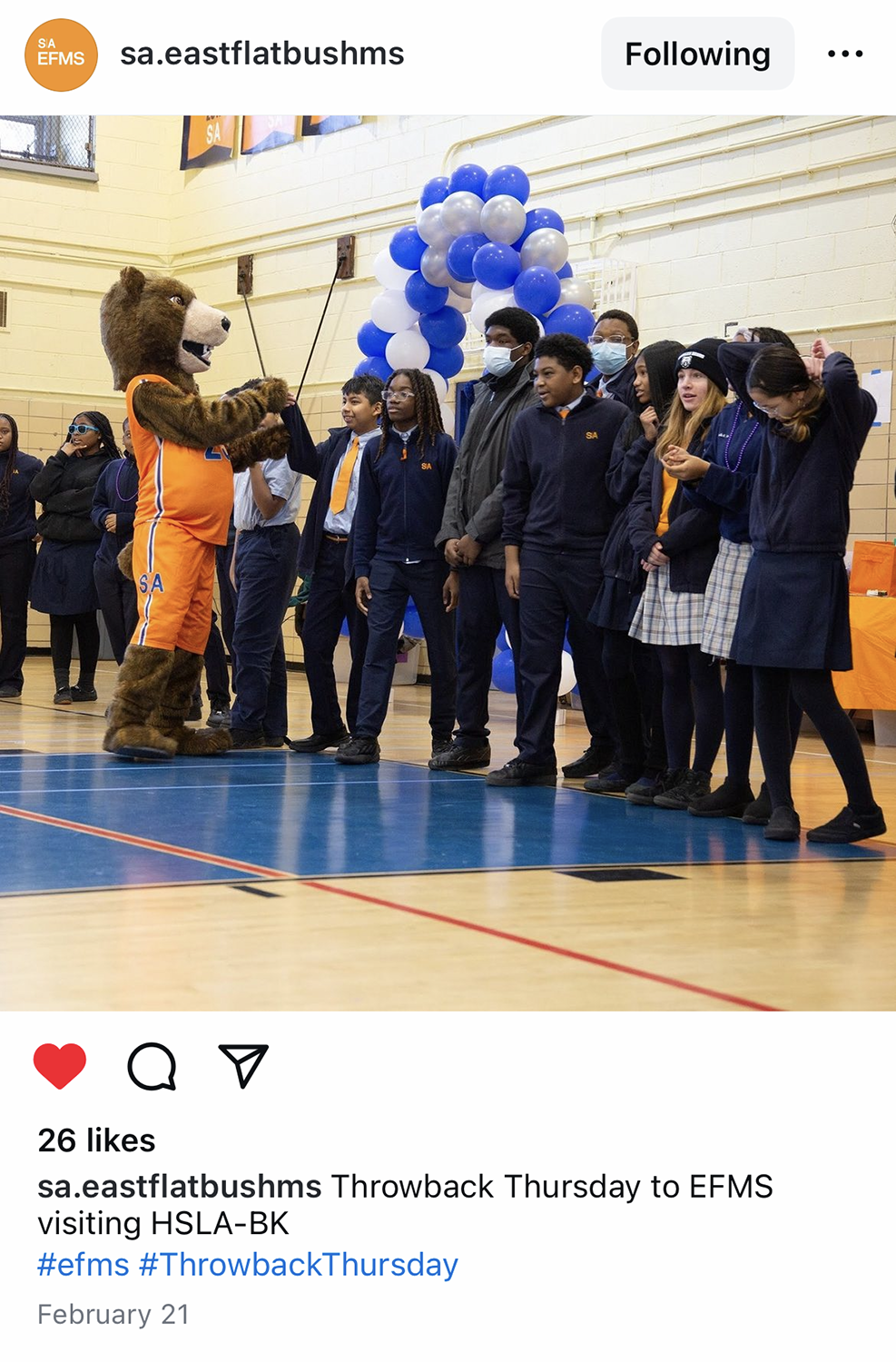 screenshot SA High School of the Liberal Arts Brooklyn bear mascot approaches line of 8th graders