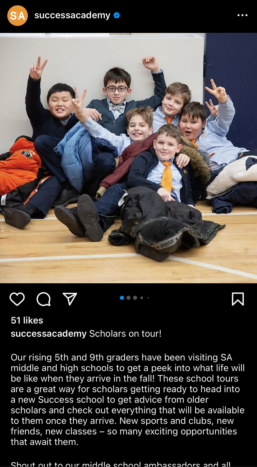 screenshot on main Success Academy Instagram account of Bensonhurst elementary scholars touring East Flatbush Middle School